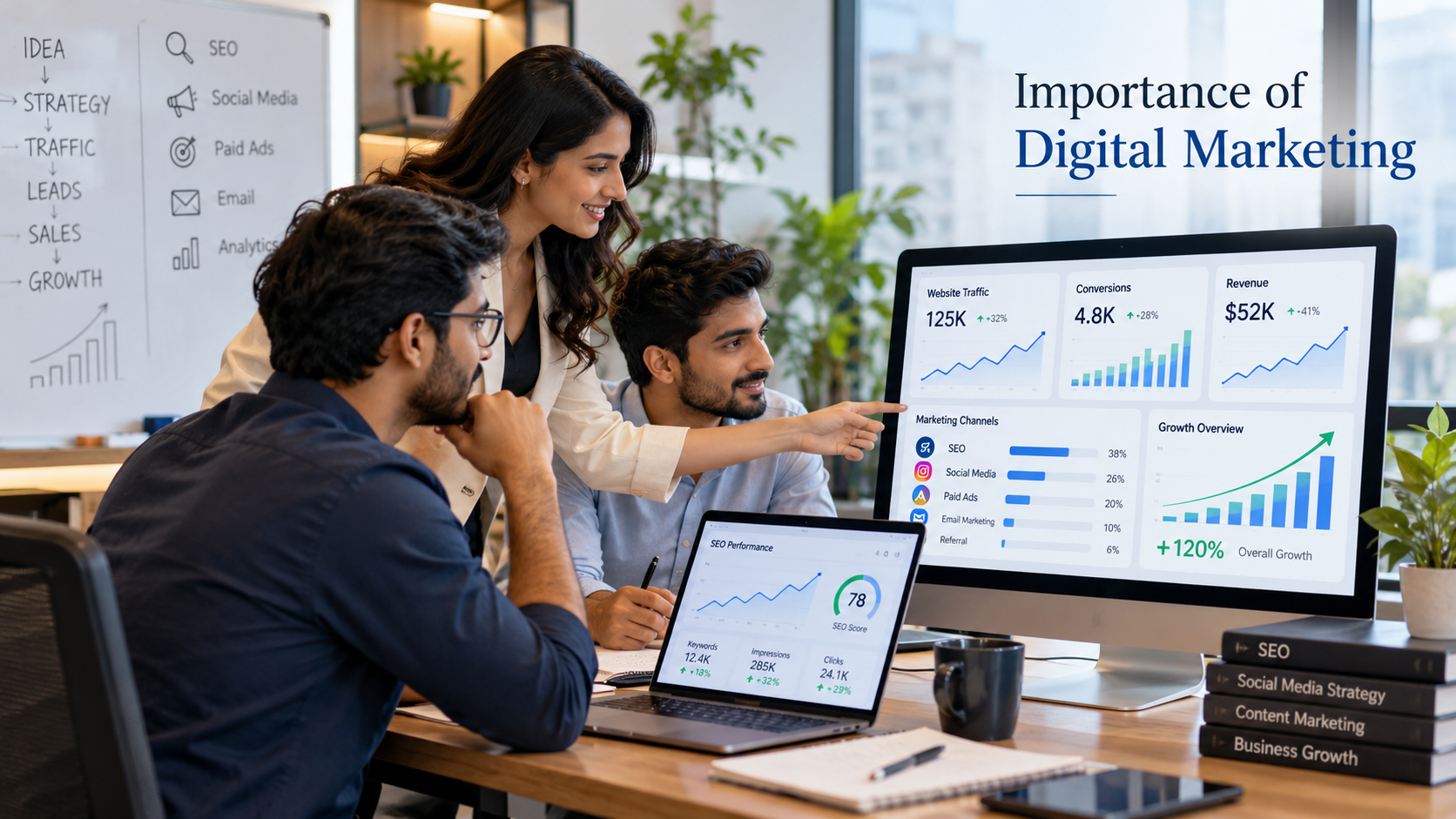 Importance of digital marketing: SEO, social media, paid ads and analytics working together for business growth
